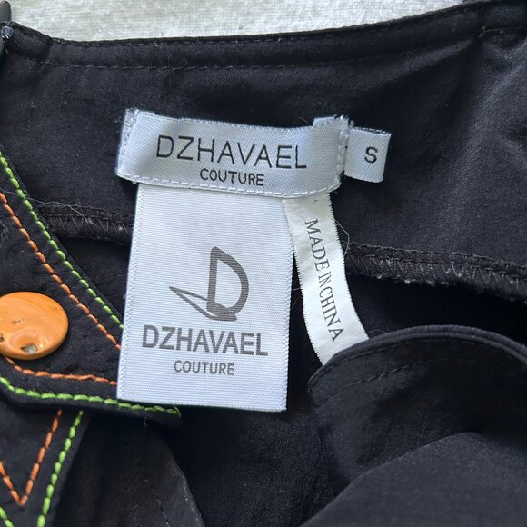 Unique black pinafore dress with orange and green stitching, ribbons & buttons - Picture 7 of 10